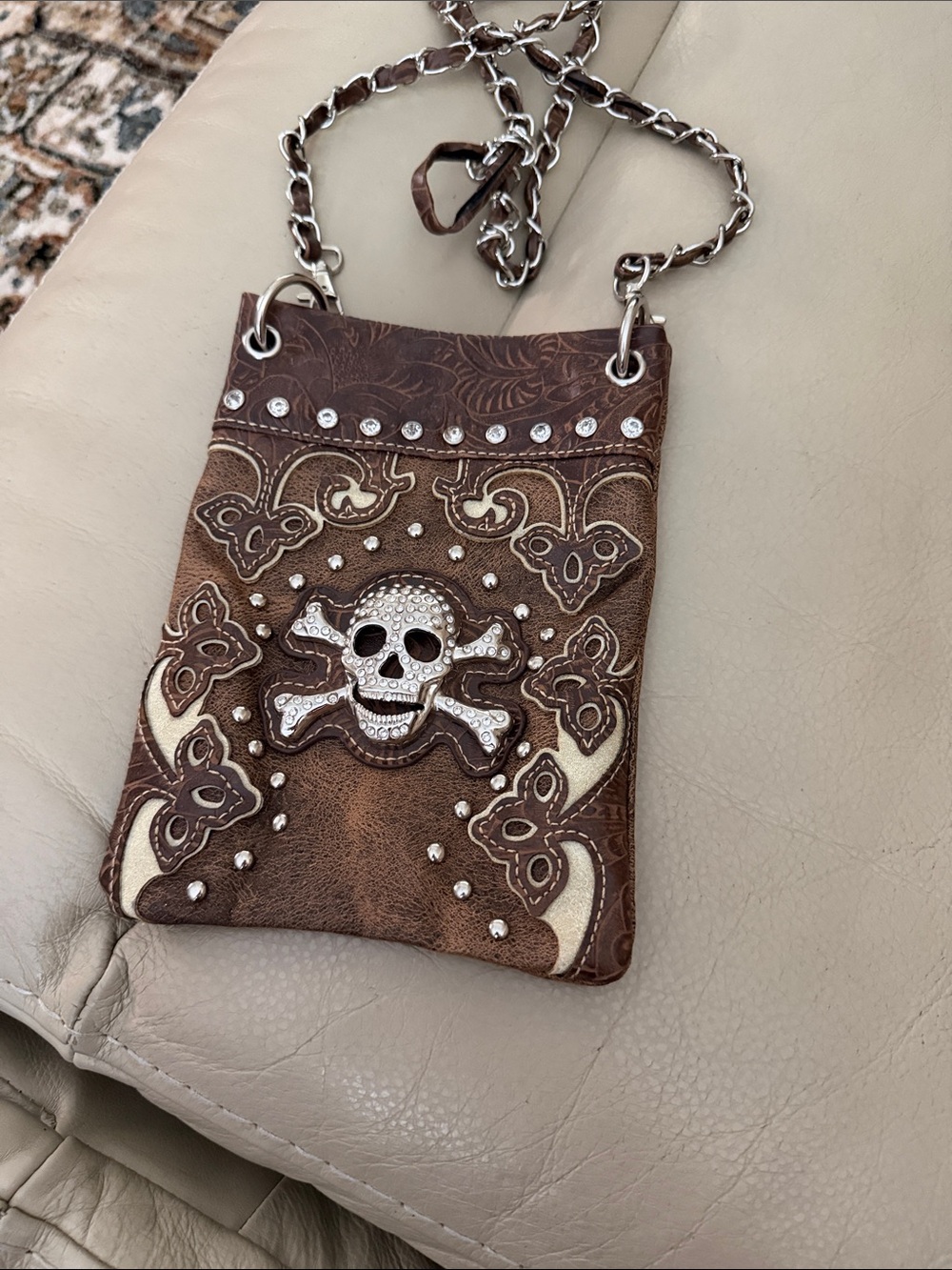 Women’s Brown Embellished Skull Crossbody Phone Bag